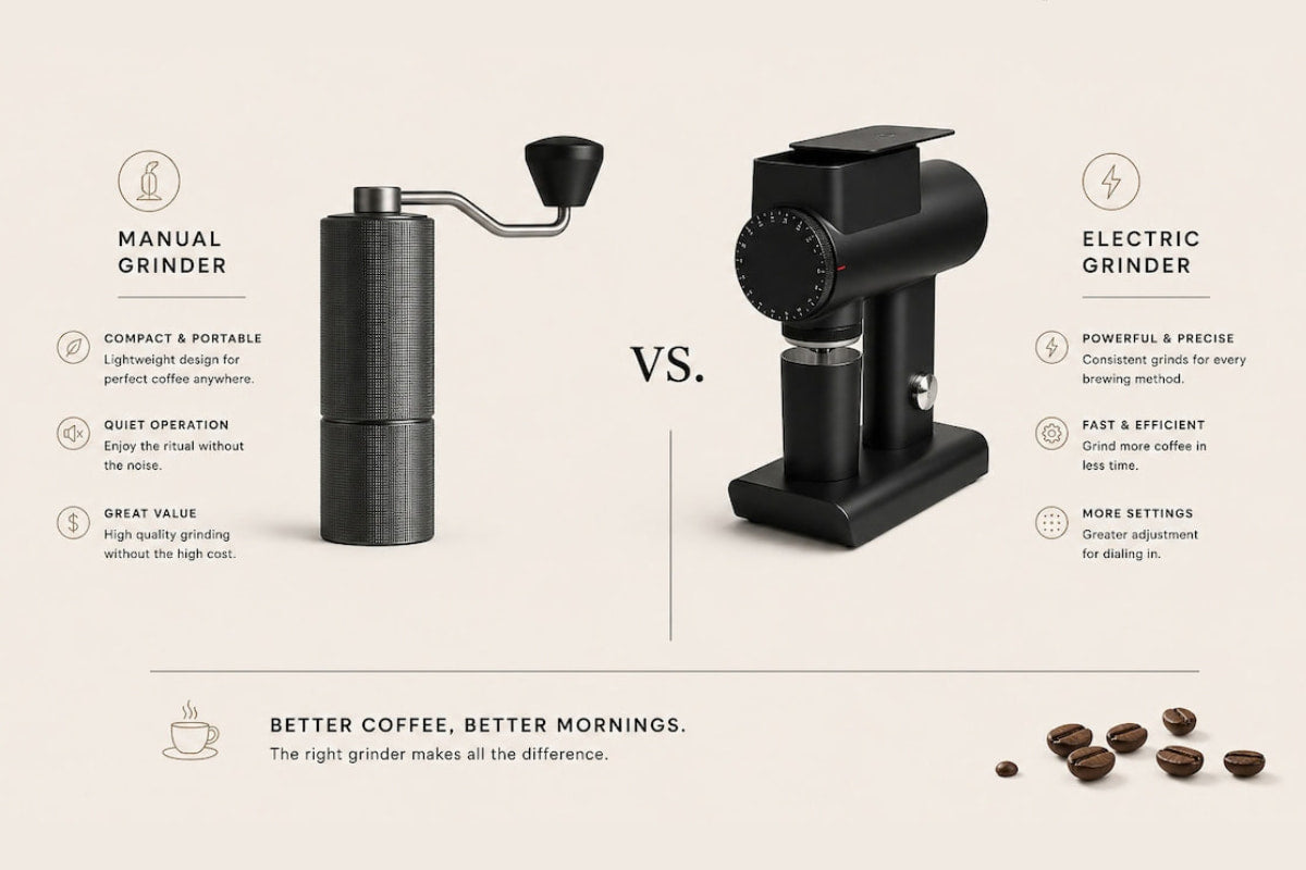Side-by-side comparison of a manual hand coffee grinder and an electric burr coffee grinder, highlighting portability, quiet operation, precision grinding, and brewing benefits for home coffee enthusiasts.