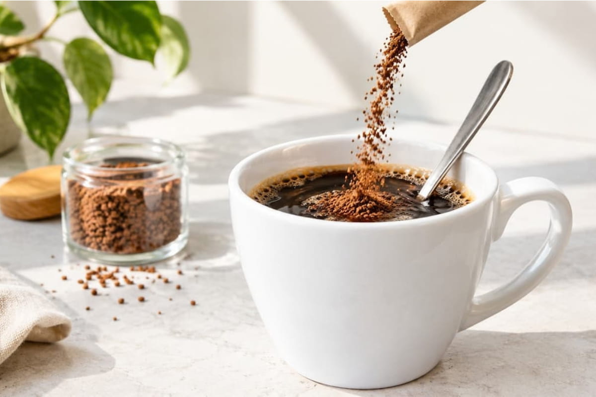 Instant coffee granules pour from a kraft paper sachet into a white ceramic mug of black coffee with a metal spoon, set on a bright kitchen countertop beside a glass jar of coffee granules