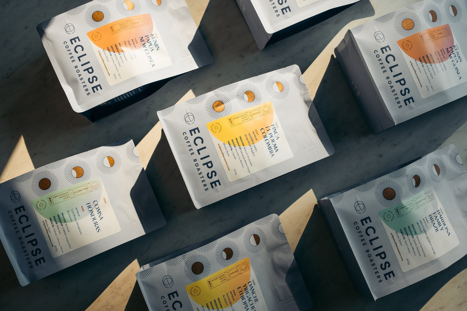 Eclipse coffee bean packages, Bright, Balanced and Bold