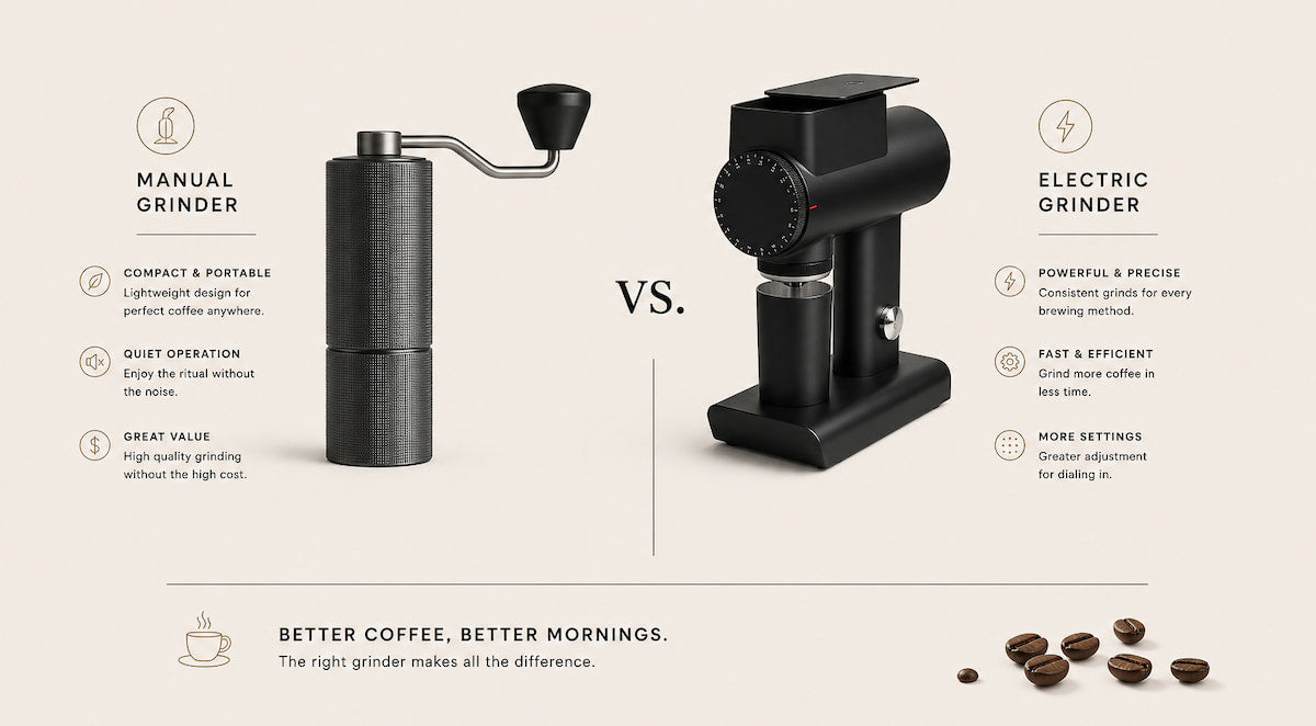 Side-by-side comparison of a manual hand coffee grinder and an electric burr coffee grinder, highlighting portability, quiet operation, precision grinding, and brewing benefits for home coffee enthusiasts.