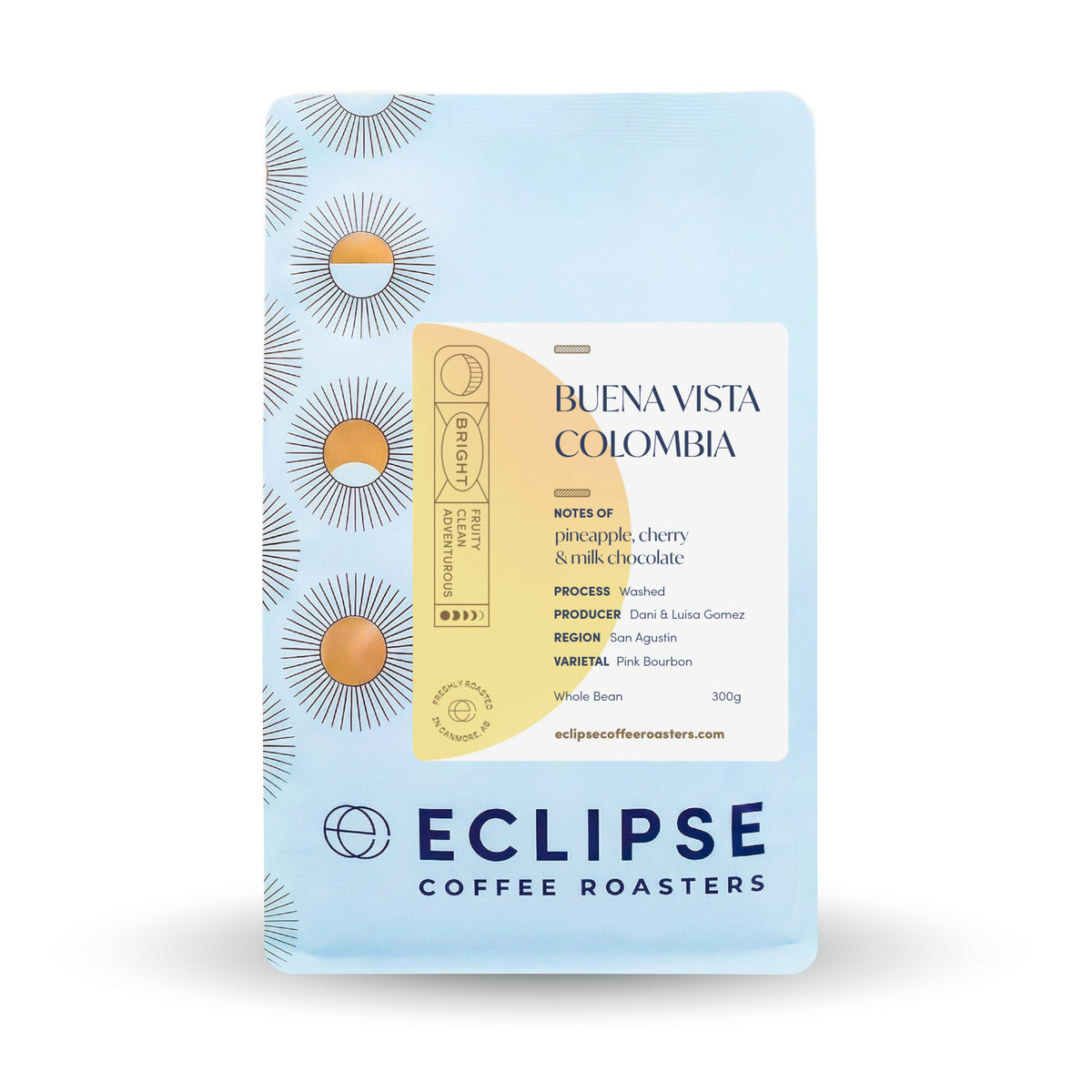 Eclipse Coffee Roasters Buena Vista Colombia whole bean coffee, 300g bag, washed process with notes of pineapple, cherry and milk chocolate