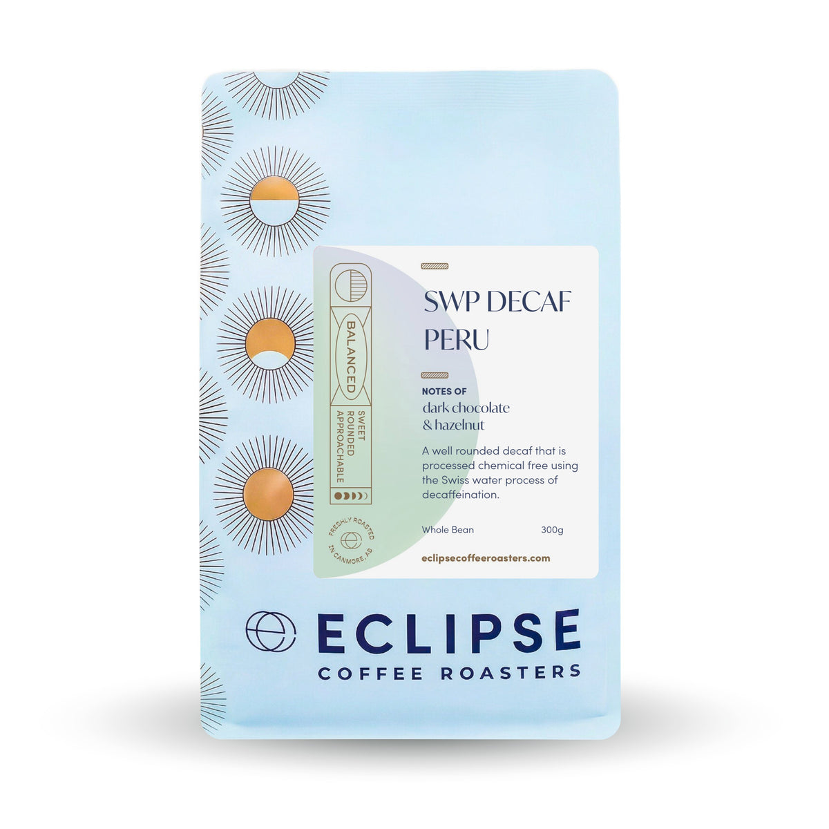 Eclipse Coffee Roasters Swiss Water Decaf whole bean coffee, 300g bag, decaffeinated using Swiss Water process